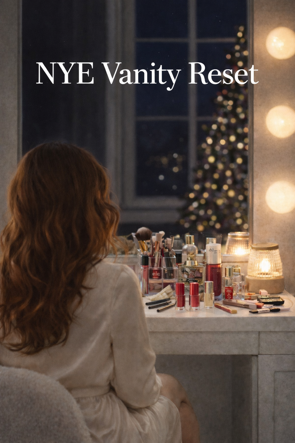 Evening vanity reset after a long day with softly lit makeup and skincare