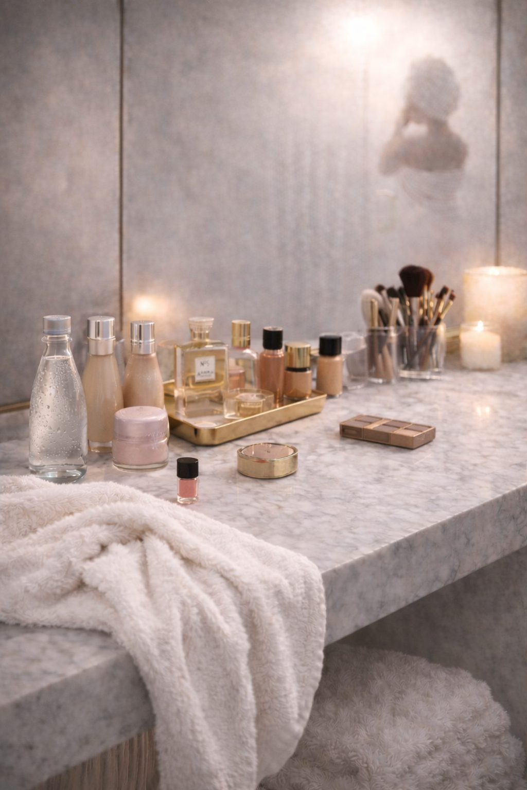Soft marble vanity with skincare, makeup, and a towel casually draped over the edge