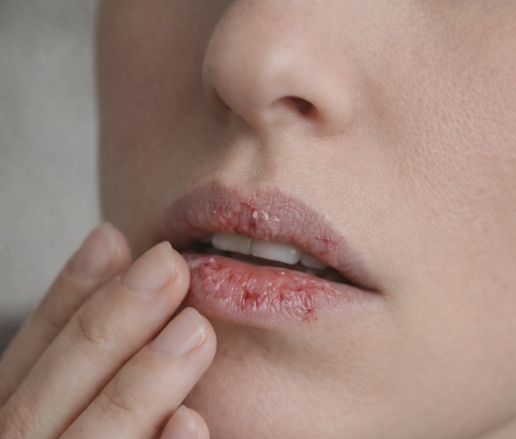 Chapped lips with fingers touching