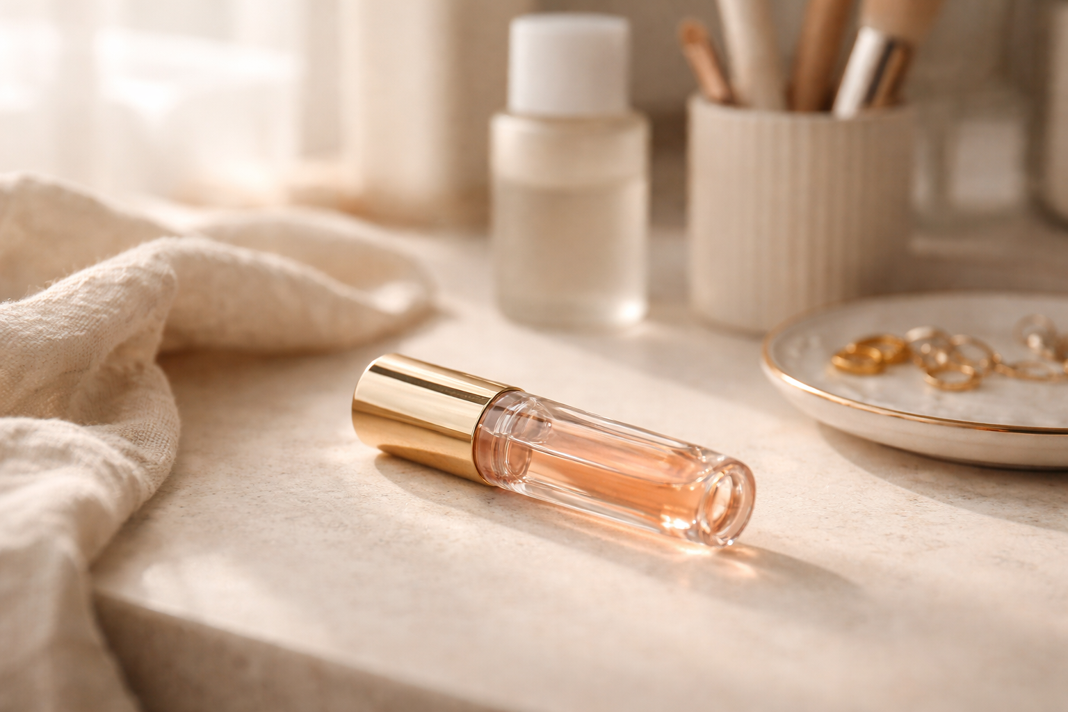 Cozy editorial vanity scene with lip oil in soft neutral lighting